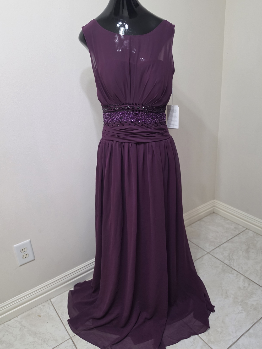 Dress First -Elegant Plum Evening Gown with Beaded Waist Size 10